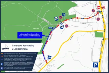 Mapa Gdyni: gdyński cmentarz komunalny w Kosakowie przy ul. Witomińskiej. Wskazówki dojazdu, parkingi i objazdy.