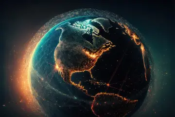 Ziemia nocą, rozświetlona miastami i połączona siecią światłowodów, symbolizująca globalny fintech.