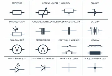 Schemat instalacji elektrycznej w domu: symbole rezystora, fotorezystora, woltomierza, diody świecącej, potencjometru, kondensatora, amperomierza, diody prostowniczej, przycisku, cewki, ogniwa, baterii, braku połączenia i połączenia (węzeł).