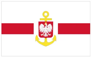 Biała flaga z dwoma czerwonymi pasami i kotwicą ze znakiem orła. To znak bandery polskiej Marynarki Wojennej.