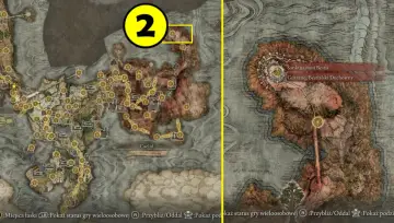 Mapa Elden Ring z zaznaczonym Sanktuarium Bestii, gdzie znajduje się Gurranq. Wskazuje drogę do Mohgwyn Palace.