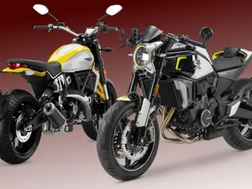 Due moto modern classic, una gialla e bianca, l'altra nera e bianca, con dettagli sportivi e un look retrò.