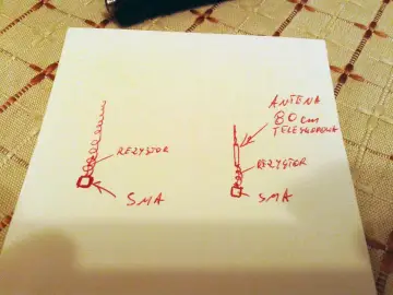 Schemat anteny teleskopowej 80 cm z rezystorem i złączem SMA. Pomocne przy sprawdzaniu sygnału antenowego.