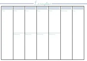 Leeres Raster zum Erstellen eines Lernplans mit Feldern für Themen, Wiederholungen und Prüfungen.