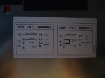 Schemat podłączenia płyty indukcyjnej: 400V 2N~ (L1, L2, N, PE) i 230V 1N~ (L1, N, PE). Jaki kabel do indukcji? Sprawdź kolory przewodów: zielono-żółty (PE), czarny (L1), brązowy (L2/L1), niebieski (N).