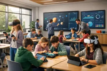 Kinder der Generation Alpha lernen mit VR-Brillen und Tablets im Klassenzimmer.