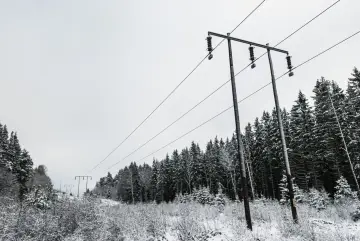Zimowy krajobraz z linią wysokiego napięcia przecinającą zaśnieżony las.
