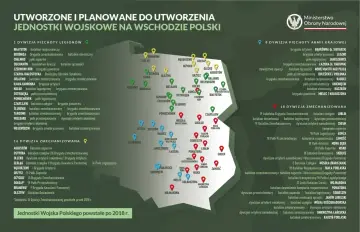 Mapa Polski z zaznaczonymi lokalizacjami jednostek wojskowych, w tym 1. dywizji piechoty Legionów i 16. dywizji zmechanizowanej.