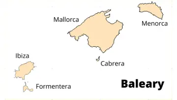 Baleary: jakie wyspy? Mapa pokazuje Majorkę, Minorkę, Ibizę, Formenterę i Cabrerę.