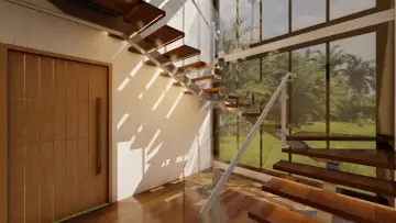 Nowoczesne schody z drewnianymi stopniami i szklaną balustradą. Mocowanie balustrady do posadzki jest dyskretne, a światło słoneczne tworzy ciekawe wzory na ścianie.