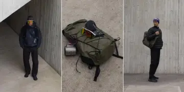 Gorpcore-Style: Männer in funktionaler Outdoor-Kleidung, Rucksack mit Ausrüstung, bereit für jedes Abenteuer.