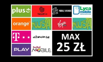 T-Mobile na kartę za 25 zł. Obok loga T-Mobile widnieją inne marki: Plus, Heyah, Mobile Vikings, Lyca mobile, Orange, Plush, Virgin mobile, a2mobile, Play, Red Bull Mobile.