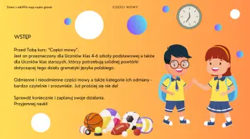 Dzieci z plecakami uczą się o częściach mowy. Kurs "Części mowy" dla uczniów klas 4-6 szkoły podstawowej.