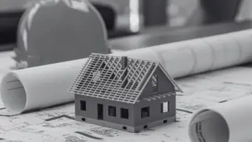 Model domu na planach budowlanych, z widoczną szerokością elewacji frontowej. Obok kask budowlany i zwinięte projekty.