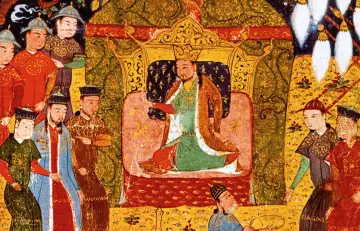 Bogaty dwór mongolski. Władca siedzi na tronie, otoczony przez dostojników w barwnych strojach.