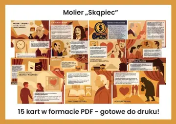 Postacie z "Skąpca" Moliera: Harpagon, chciwy ojciec, jego zakochani w sobie dzieci Eliza i Kleant, oraz Frozyna, przebiegła swatka.