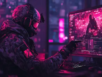 Gracz w taktycznym hełmie i goglach patrzy na ekran z neonowym miastem i postacią z karabinem, grając w **Anubis CS**.