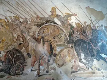 Bitwa z udziałem persów. Mozaika przedstawia chaos i dynamikę starcia, z żołnierzami i końmi w ruchu.