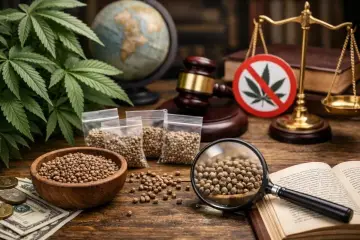 Nasiona marihuany, młotek sędziowski, waga sprawiedliwości i globus symbolizują debatę o legalizacji marihuany.