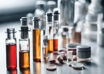 Szklane fiolki z płynami o barwie od czerwonej do bursztynowej, przypominające składniki do produkcji kosmetyków, np. z dodatkiem sodium laureth sulfate.