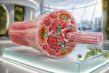 Przekrój włókna mięśniowego z widocznymi mitochondriami i cząsteczkami kinazy kreatynowej, kluczowej dla produkcji energii.