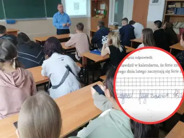 Nauczyciel tłumaczy uczniom, ile dni ma nauczyciel na sprawdzenie sprawdzianu. Widać fragment pracy z datą ferii zimowych.