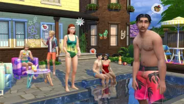 Simowie cieszą się latem przy basenie. Może to zachęta, by sprawdzić, czy The Sims 4 za darmo jest dostępne?