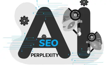 Grafika przedstawia literę "A" z napisem "SEO" i "PERPLEXITY" w środku, otoczoną elementami robotycznymi i technicznymi.