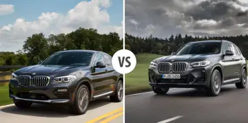Dwa BMW X4 w ciemnych kolorach jadące po drogach, jedno na tle zieleni, drugie na tle lasu.