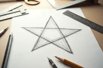 Szkic pięcioramiennej gwiazdy na papierze, otoczony linijkami i ołówkami.