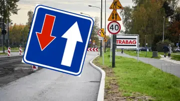 Znak D5 informuje o ruchu jednokierunkowym, ale tu strzałka w dół sugeruje objazd.