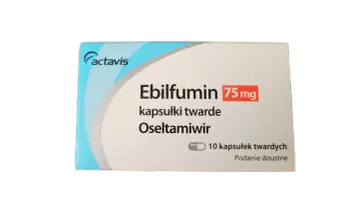 Opakowanie leku Ebilfumin 75 mg, zawierającego oseltamiwir, to tabletki na grypę na receptę.
