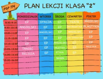Plan lekcji klasy 2. W piątek jest plastyka, a potem angielski.