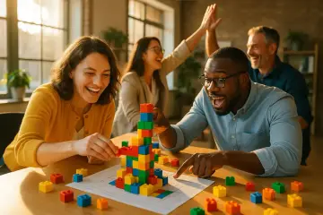 Des personnes s'amusent lors d'une animation de groupe jeux, construisant une tour colorée avec des blocs.