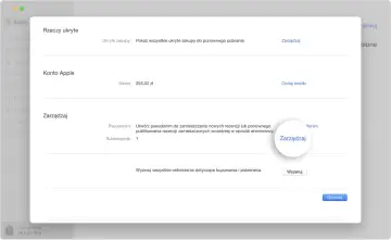 Okno dialogowe z ustawieniami konta Apple, widok zarządzania subskrypcjami i saldem.