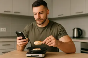 Mężczyzna sprawdza na telefonie, jak się liczy kalorie, ważąc kawałek kurczaka na kuchennej wadze.