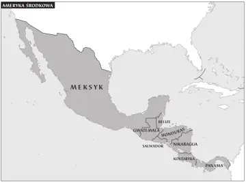 Mapa Ameryki Środkowej. Zaznaczony Meksyk, Gwatemala, Belize, Salwador, Honduras, Nikaragua, Kostaryka i Panama.