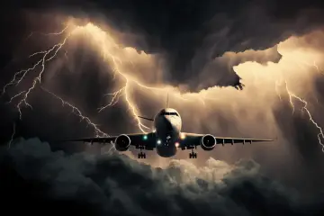 Samolot leci przez burzę z piorunami, doświadczając silnych turbulencji.