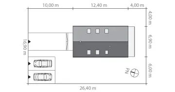 Plan działki pod Warszawą: budynek z garażem na dwa samochody, wymiary 26,40 m x 16,90 m.