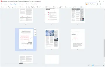 Widok dokumentu PDF w programie ABBYY FineReader. Widoczne są miniatury stron 10-15, w tym strona z nagłówkiem "Artificial Intelligence".