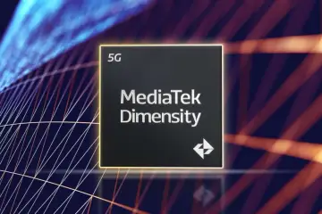 Chip MediaTek Dimensity 5G z logo, otoczony futurystyczną siatką i światłami.