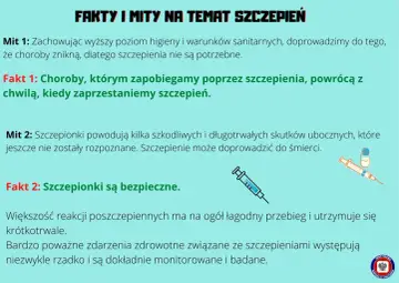 Grafika obala mity antyszczepionkowców, pokazując, że szczepienia są bezpieczne i zapobiegają chorobom.