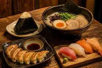 Pyszne japońskie jedzenie: onigiri, ramen, gyoza i sushi. Idealna uczta dla smakoszy.