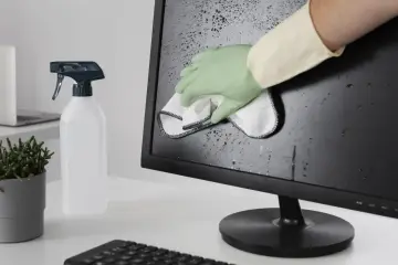 Rękawiczka i ściereczka pomagają w czyszczeniu monitora domowym sposobem.