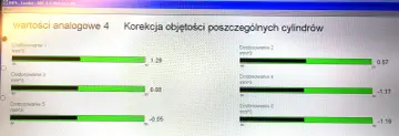 Ekran diagnostyczny pokazuje dopuszczalne korekty wtryskiwaczy dla każdego cylindra. Wartości wahają się od -1.17 do 1.29 mm^3.