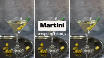 Schłodzony gin w zamrażarce to klucz do idealnego martini. Elegancki kieliszek z oliwkami na tacy.