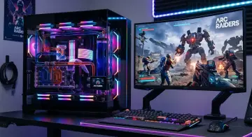 Gamingowy PC z podświetleniem RGB i monitor grający w Arc Raiders. Sprawdź, czy Twój sprzęt spełnia arc raiders wymagania, by cieszyć się tą grą!
