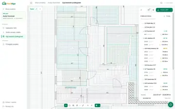 Projekt instalacji ogrzewania podłogowego dla domu jednorodzinnego. Widok planu z zaznaczonymi pętlami grzewczymi.