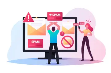 Osoba zrezygnowana przed monitorem pełnym powiadomień o SPAMie. Kobieta z telefonem w ręku też widzi SPAM.