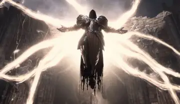 Mroczny wojownik w zbroi unosi się w blasku, gotowy do walki w Diablo 4 crossplay.